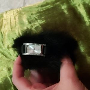 Vintage Y2K faux fur Guess watch with Swarovski crystals small